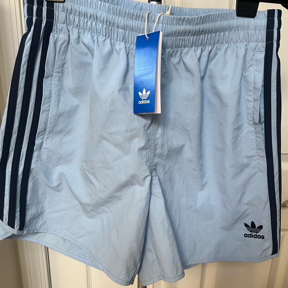 adidas Originals Light Blue Athletic Shorts with Navy Stripes